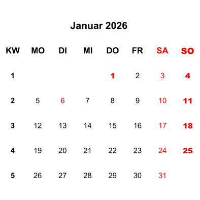 Kalenderblatt Januar 2026