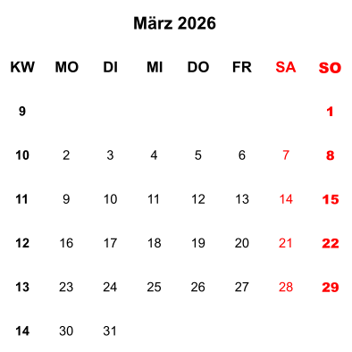 Kalenderblatt März 2026