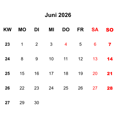 Kalenderblatt Juni 2026