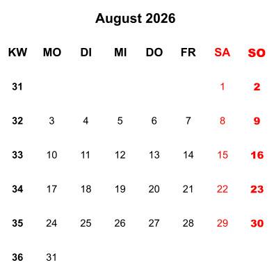 Kalenderblatt August 2026